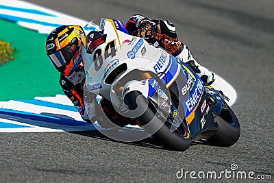 Closeup shot of Zonta van den Goorbergh drifting on a bike during the MotoGP event, Jerez, Spain Editorial Stock Photo