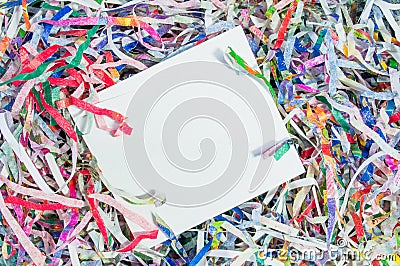Closeup shredded paper texture and reuse colorful color paper scrap of document with white paper space for text or copy.Selective Stock Photo