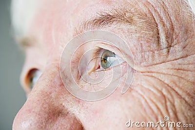 Closeup side portrait of white elderly woman`s eyes Stock Photo