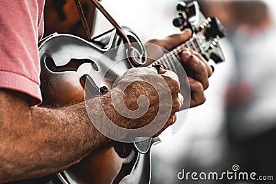 Closeup side view of mans hands playing mandolin. Stock Photo