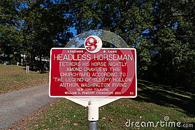 Sign for the Headless Horseman at Sleepy Hollow Cemetery in Sleepy Hollow New York Editorial Stock Photo