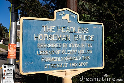 Sign for the Headless Horseman Bridge in Sleepy Hollow New York Editorial Stock Photo