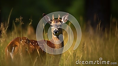 Closeup of a sika deer on a meadow in the wild Stock Photo