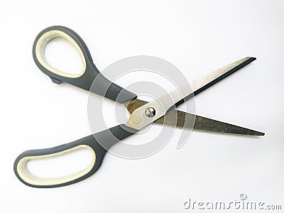 Closeup of simple, everyday scissors on a white background. A clean, minimalist image suggesting concepts of cutting, precision, Stock Photo