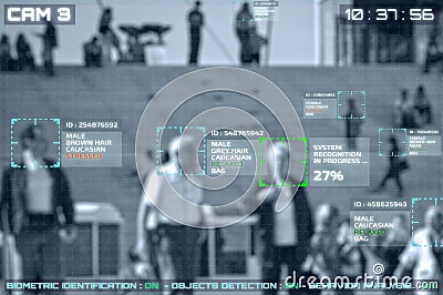 Simulation of a screen of cctv cameras with facial recognition Stock Photo