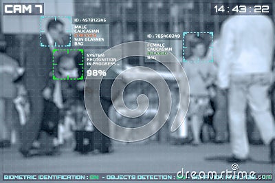 Simulation of a screen of cctv cameras with facial recognition Stock Photo