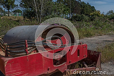 Closeup of single drum asphalt roller Stock Photo