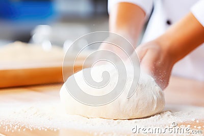 Closeup of a skilled baker, hands immersed in the artistry of kneading fresh dough Stock Photo