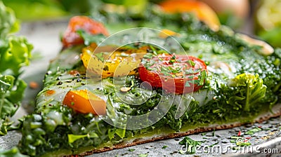 A closeup of a slice of algae pizza with a vibrant green crust made from a blend of different algae strains. The pizza Stock Photo