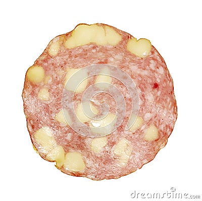 Closeup of a slice of smoked salami isolated on a white background Stock Photo