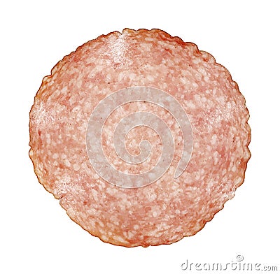 Closeup of a slice of smoked salami isolated on a white background Stock Photo