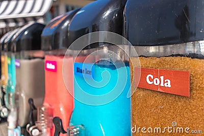 Closeup of Slush Machines with Colorful Flavors Stock Photo