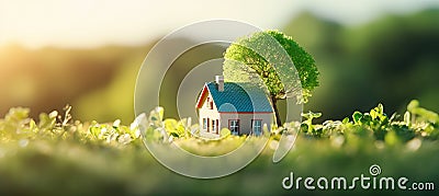 Closeup of a small house in the middle of a field with a cute pr Cartoon Illustration