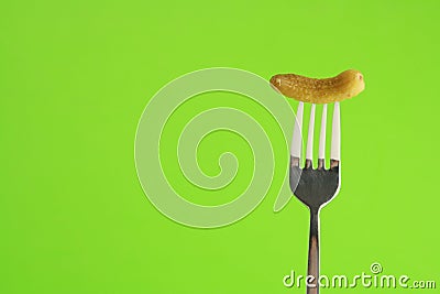 Closeup of a small pickled cucumber on a fork isolated on a green background Stock Photo