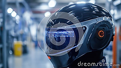 A closeup of a smart helmet equipped with communication devices and sensors enabling realtime safety checks and Stock Photo
