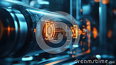 A closeup of a smart sensor embedded in machinery with luminous icons indicating how AI processes its data to forecast Stock Photo