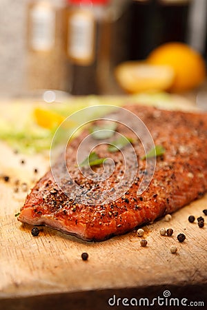 Closeup of Smoked Salmon Steak Stock Photo