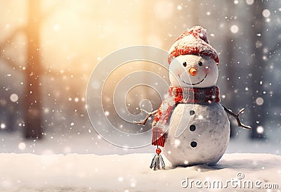 A Closeup of a Snowman Wearing a Red Hat and Scarf, Smiling at t Stock Photo