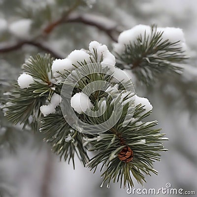 Closeup of snowy pine bough Generative AI Stock Photo