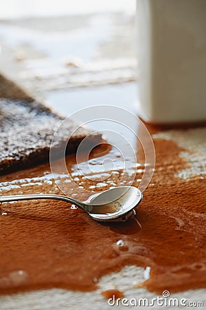 coffee spilled on the tablecloth Stock Photo