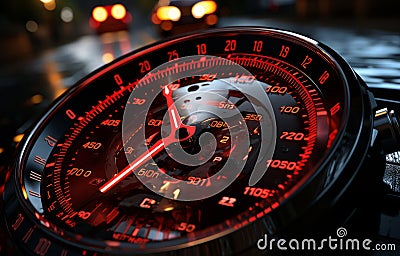 closeup speedometer with red number on the dashboard. AI Generated Stock Photo