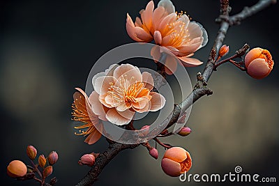 Closeup of spring apricot blossom flower on dark bokeh background Stock Photo