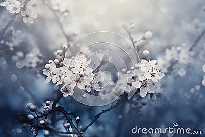 Closeup of spring blossom flower on dark bokeh background. Macro cherry blossom tree branch. Blooming springtime orchard landscape Stock Photo