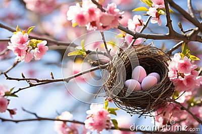 Eggs easter decorative spring background nature closeup tree nest bird blue Stock Photo