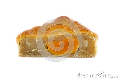 Closeup square moon cake in half cut show egg yolk isolated on Stock Photo