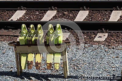 Closeup stand brake shoes track railroad line Stock Photo