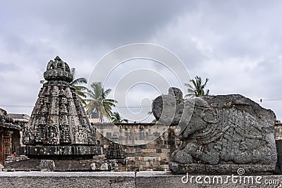 Closeup of statues and turrets at Chennakeshava Temple Complex Editorial Stock Photo