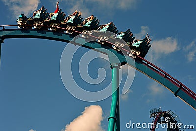 Closeup of steel Roller coaster at Seaworld Park, in International Drive Area. Editorial Stock Photo