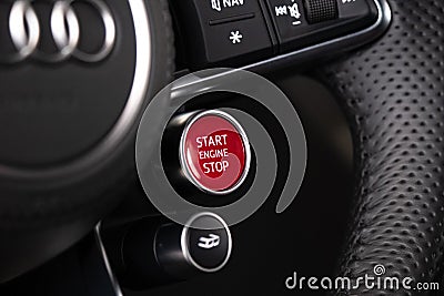 Closeup of Steering wheel start stop button of Red Audi R8 Sport Plus Editorial Stock Photo