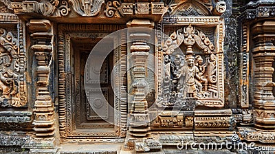A closeup of a stonecarved doorway featuring intricate details and a handcrafted door Stock Photo