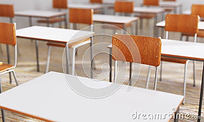 Closeup student chair seat and desk in classroom background with on wooden floor. Education and Back to school concept. Cartoon Illustration