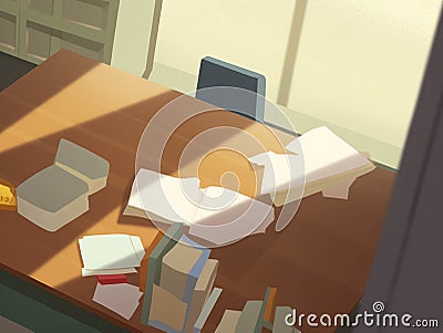 A closeup of a students desk filled with books and papers looking lopsided and dwarfed by the desks next to it.. AI Stock Photo