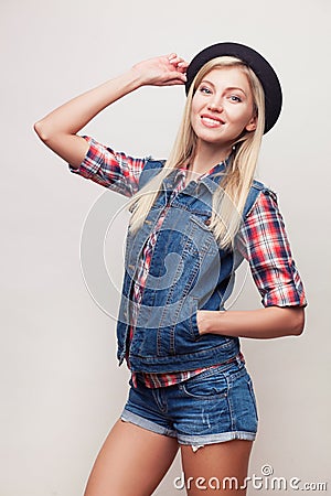 Closeup studio portrait of hipster young woman Stock Photo