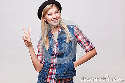 Closeup studio portrait of hipster young woman Stock Photo