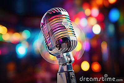 closeup stylish old retro microphone on multicolored bright bokeh background Stock Photo