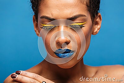 Closeup stylish photo of uptight mixed-race woman with trendy ma Stock Photo