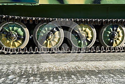 Closeup of tank chassis, tracks and rollers Stock Photo