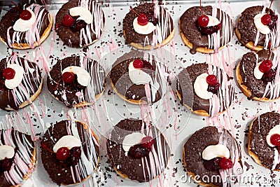 Closeup of tasty donuts ready for transport Stock Photo