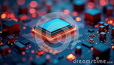 Closeup tech hardware motherboard. Circuit cpu microchip digital ai generative illustration. Details show tech components. Cartoon Illustration