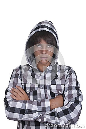 Closeup of a teenager wearing a hoodie, underlit Stock Photo