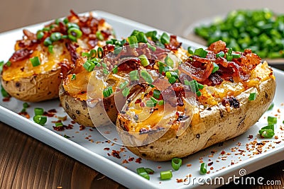 Closeup three baked potatoes stuffed with bacon, green onions and cheddar cheese on white plate, delicious snack Stock Photo