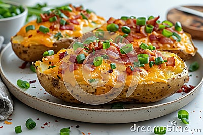 Closeup three baked potatoes topped with bacon, green onions and cheddar cheese on white plate Stock Photo