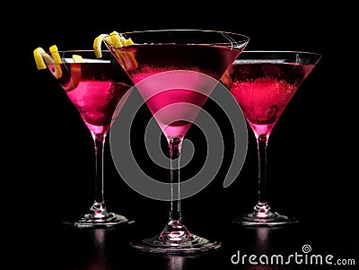 Closeup three cosmopolitan cocktails on black board Stock Photo