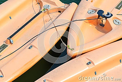 Closeup of three moored sailing dinghies Stock Photo