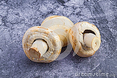 Closeup of three mushrooms on a marble surface. Stock Photo