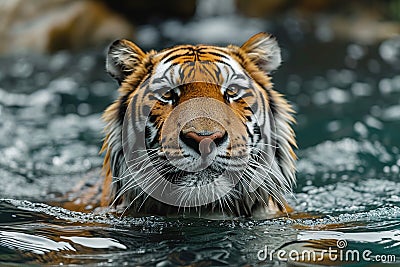 closeup tiger enjoys swimming in clean water a pond Stock Photo